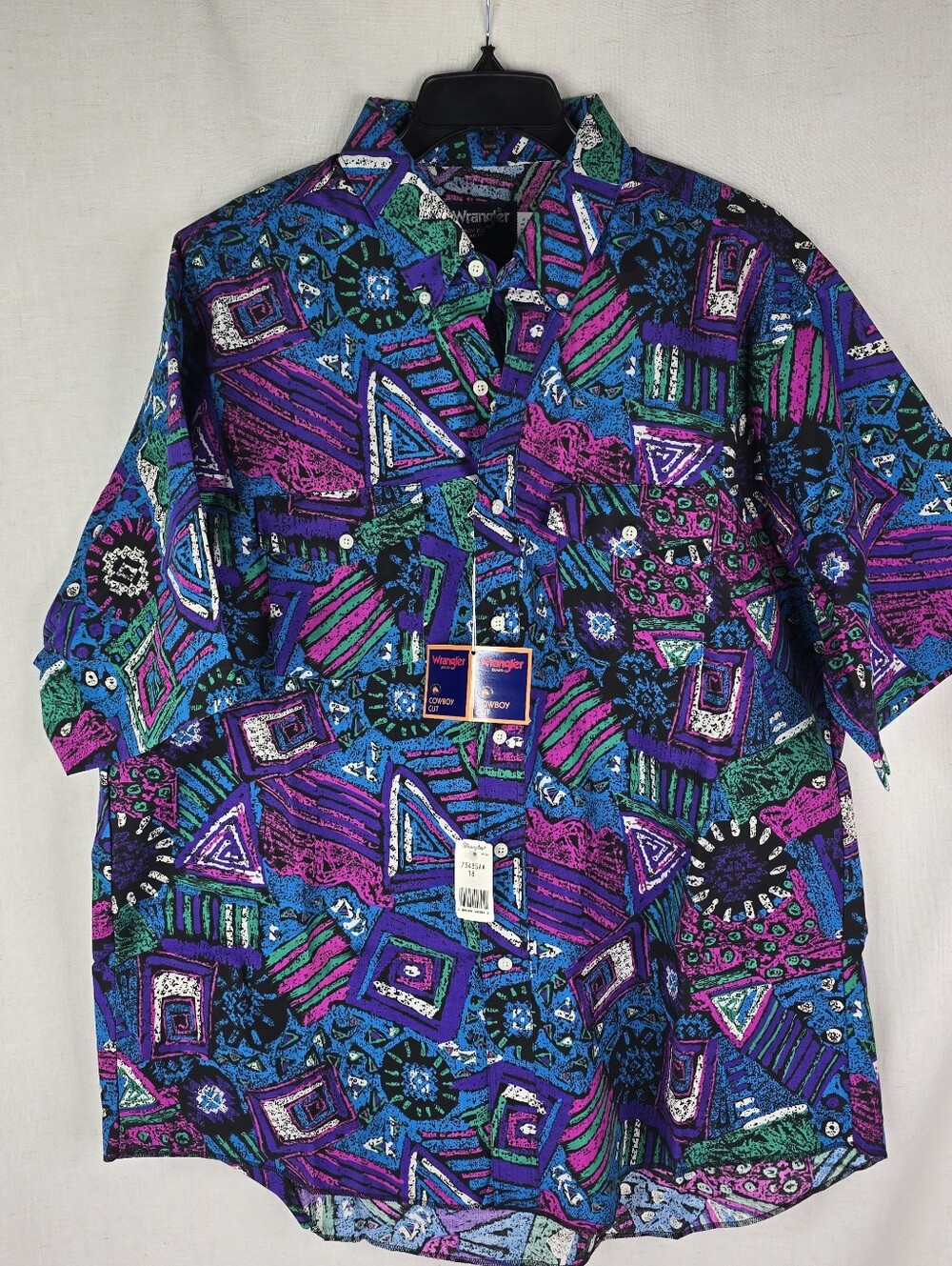Wrangler Mens 18 Neck Vintage Rare Crazy Print Geometric Design Long Tails Shirt